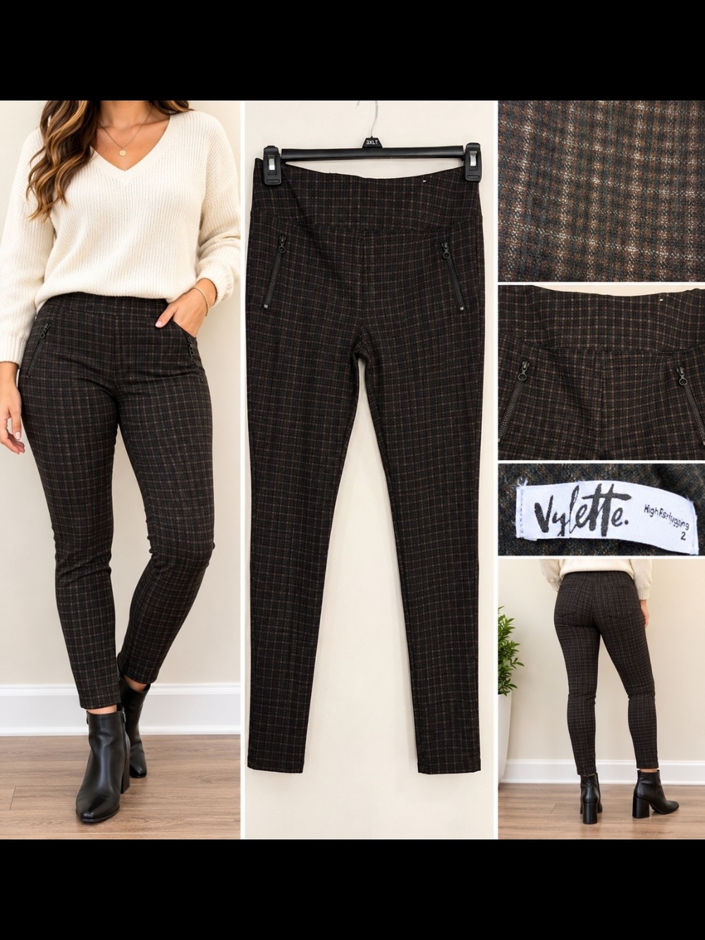 Brown Plaid Pull-On Skinny Pants